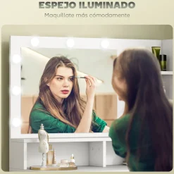 Tocador Aura Homcom 2 cajones + espejo LED + taburete blanco/dorado