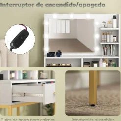 Tocador Aura Homcom 2 cajones + espejo LED + taburete blanco/dorado