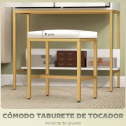 Tocador Aura Homcom 2 cajones + espejo LED + taburete blanco/dorado