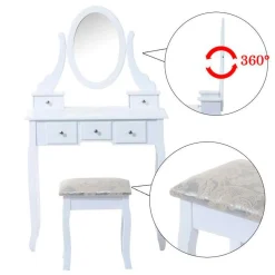 Tocador con taburete Homcom y espejo 360º blanco