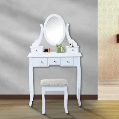 Tocador con taburete Homcom y espejo 360º blanco