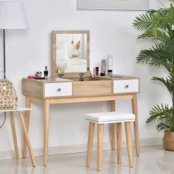Tocador Dafne Homcom espejo abatible taburete blanco/natural 118x100x45 cm