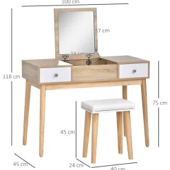 Tocador Dafne Homcom espejo abatible taburete blanco/natural 118x100x45 cm