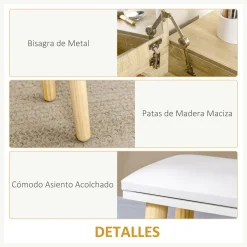 Tocador Dafne Homcom espejo abatible taburete blanco/natural 118x100x45 cm