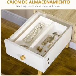 Tocador Dafne Homcom espejo abatible taburete blanco/natural 118x100x45 cm