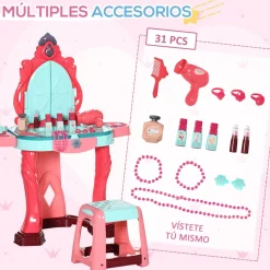 Tocador de juguete Clarice Aiyaplay espejo + taburete +3A rosa 76x57x34 cm