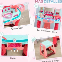 Tocador de juguete Clarice Aiyaplay espejo + taburete +3A rosa 76x57x34 cm