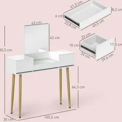 Tocador Gloria Homcom 1 espejo + 3 cajones blanco/dorado 130,5x105,5x30 cm