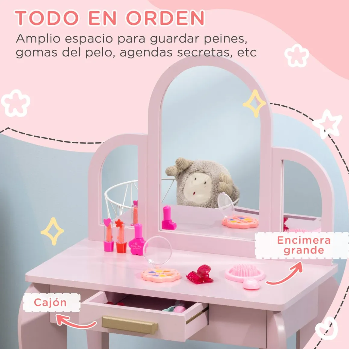 Tocador infantil Ariel Homcom con espejo + taburete 3-6 años rosa 85x52x32 cm