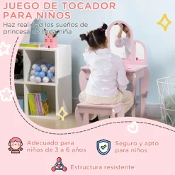 Tocador infantil Ariel Homcom con espejo + taburete 3-6 años rosa 85x52x32 cm