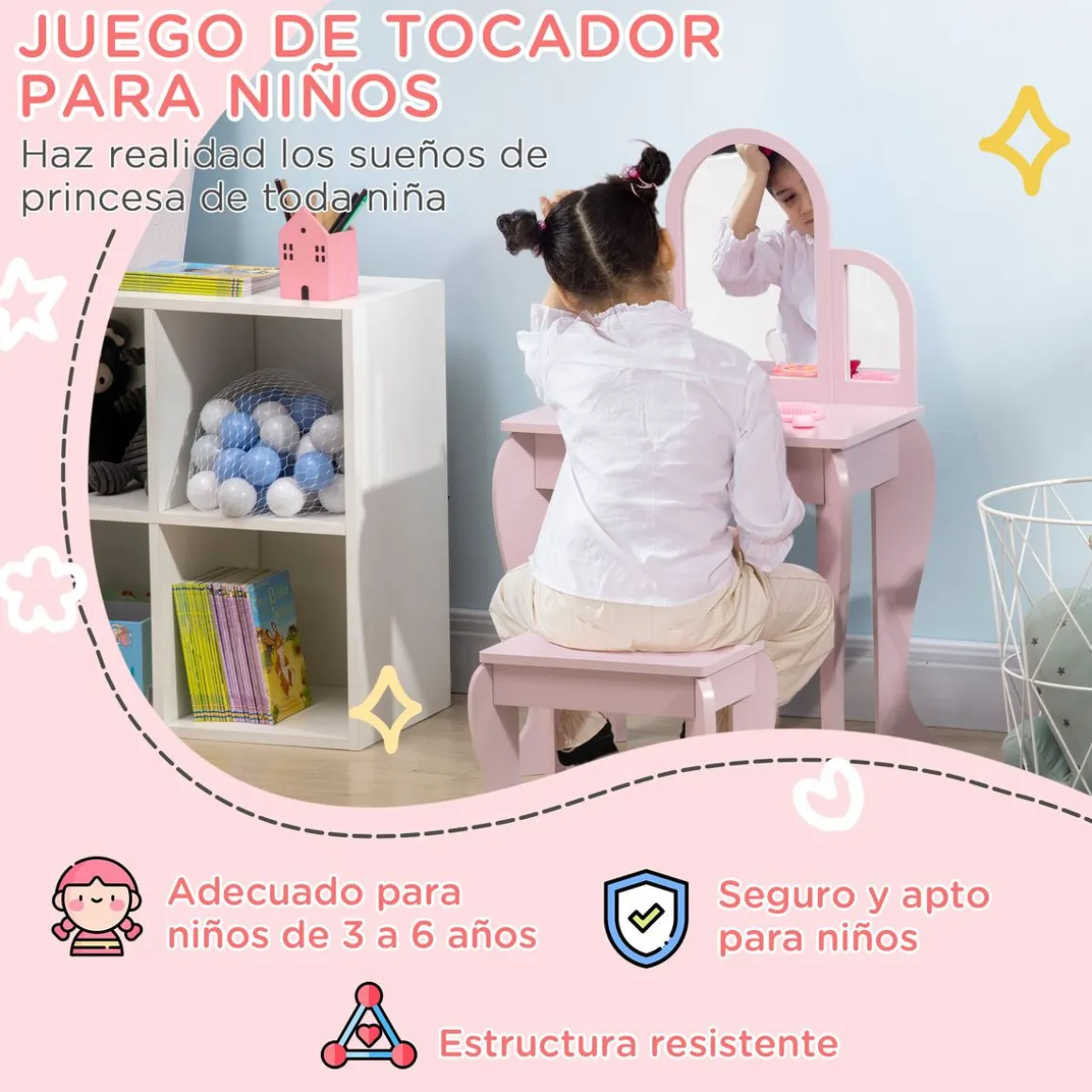 Tocador infantil Ariel Homcom con espejo + taburete 3-6 años rosa 85x52x32 cm