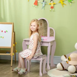 Tocador infantil Ariel Homcom con espejo + taburete 3-6 años rosa 85x52x32 cm