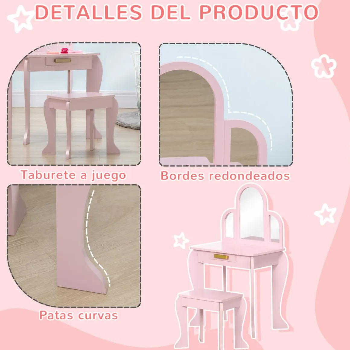 Tocador infantil Ariel Homcom con espejo + taburete 3-6 años rosa 85x52x32 cm