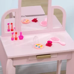 Tocador infantil Ariel Homcom con espejo + taburete 3-6 años rosa 85x52x32 cm