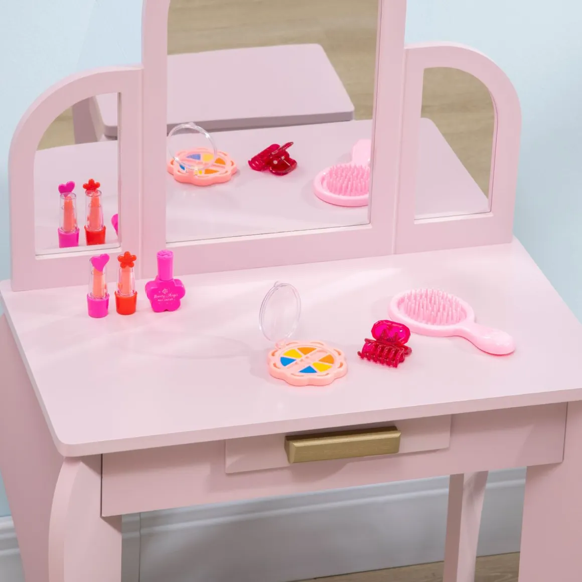 Tocador infantil Ariel Homcom con espejo + taburete 3-6 años rosa 85x52x32 cm