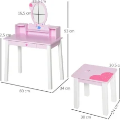 Tocador infantil Homcom con taburete+espejo rosa 93x60x34 cm