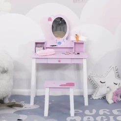 Tocador infantil Homcom con taburete+espejo rosa 93x60x34 cm