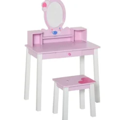 Tocador infantil Homcom con taburete+espejo rosa 93x60x34 cm