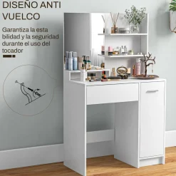 Tocador Nawa Homcom espejo + 3 estantes+ 1 cajón + 1 armario blanco 132x80x40 cm