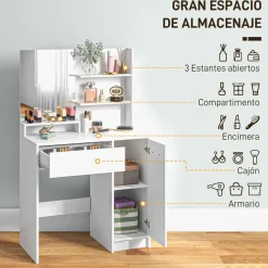 Tocador Nawa Homcom espejo + 3 estantes+ 1 cajón + 1 armario blanco 132x80x40 cm