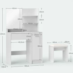 Tocador Nawa Homcom espejo + 3 estantes+ 1 cajón + 1 armario blanco 132x80x40 cm