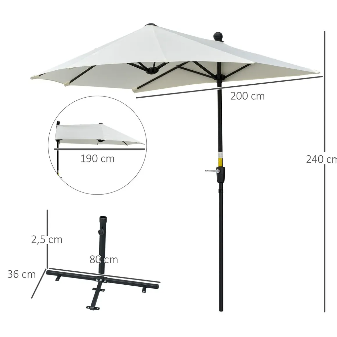 Toldo de pared Omaha semicircular con manivela + base cruzada crema 240x200x190 cm
