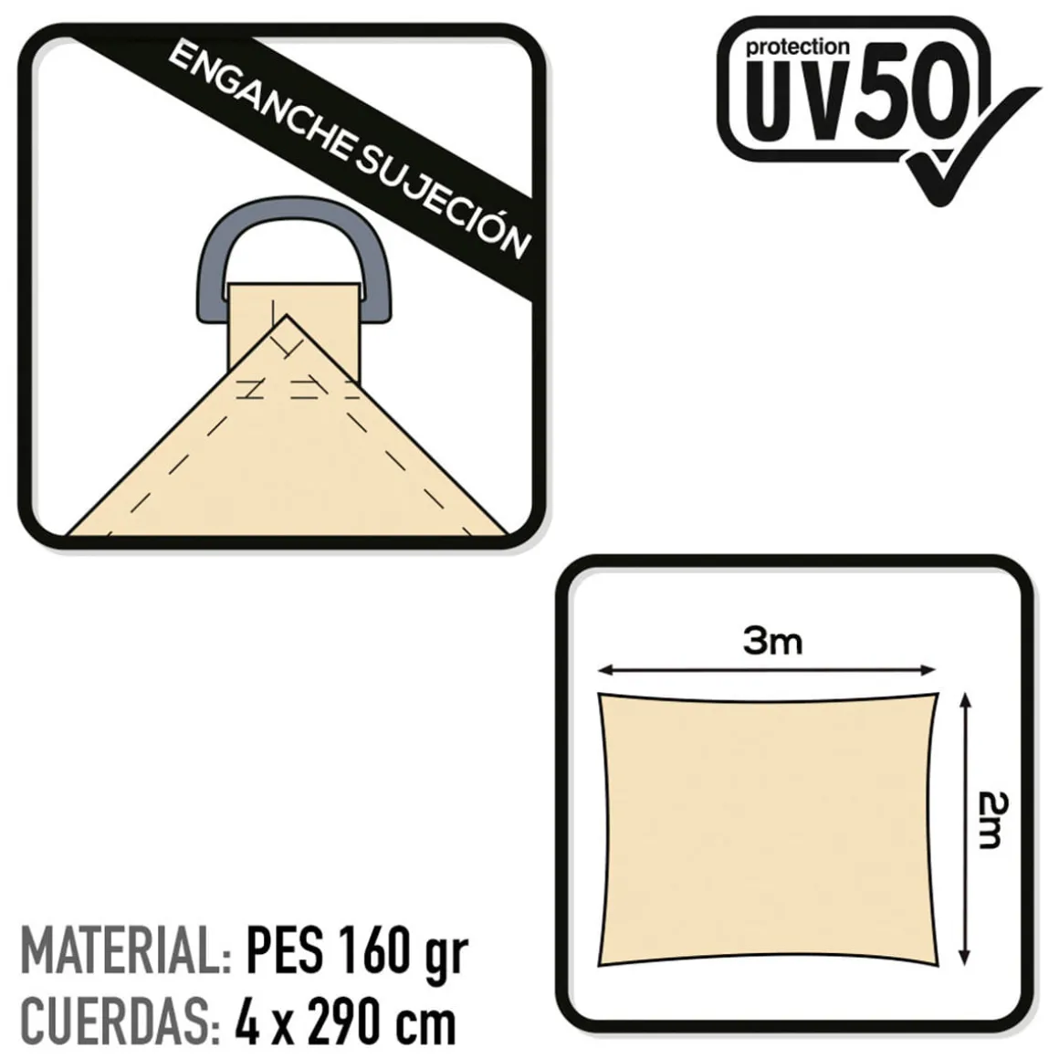 Toldo vela sombreo Aktive Garden rectangular protección UV50 poliéster crema 2x3m