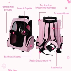 Transportín Pawhut 2 en 1 carrito altura regulable rosa 55-104x42x25 cm