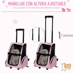 Transportín Pawhut 2 en 1 carrito altura regulable rosa 55-104x42x25 cm