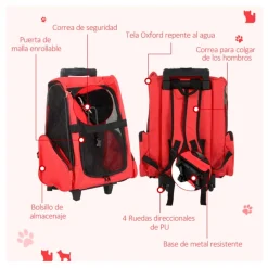 Transportín PawHut 2 en 1 con asa negro/rojo 55-99x42x25 cm