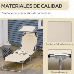 Tumbona Benidorm Outsunny plegable con parasol beige 36x187x58 cm