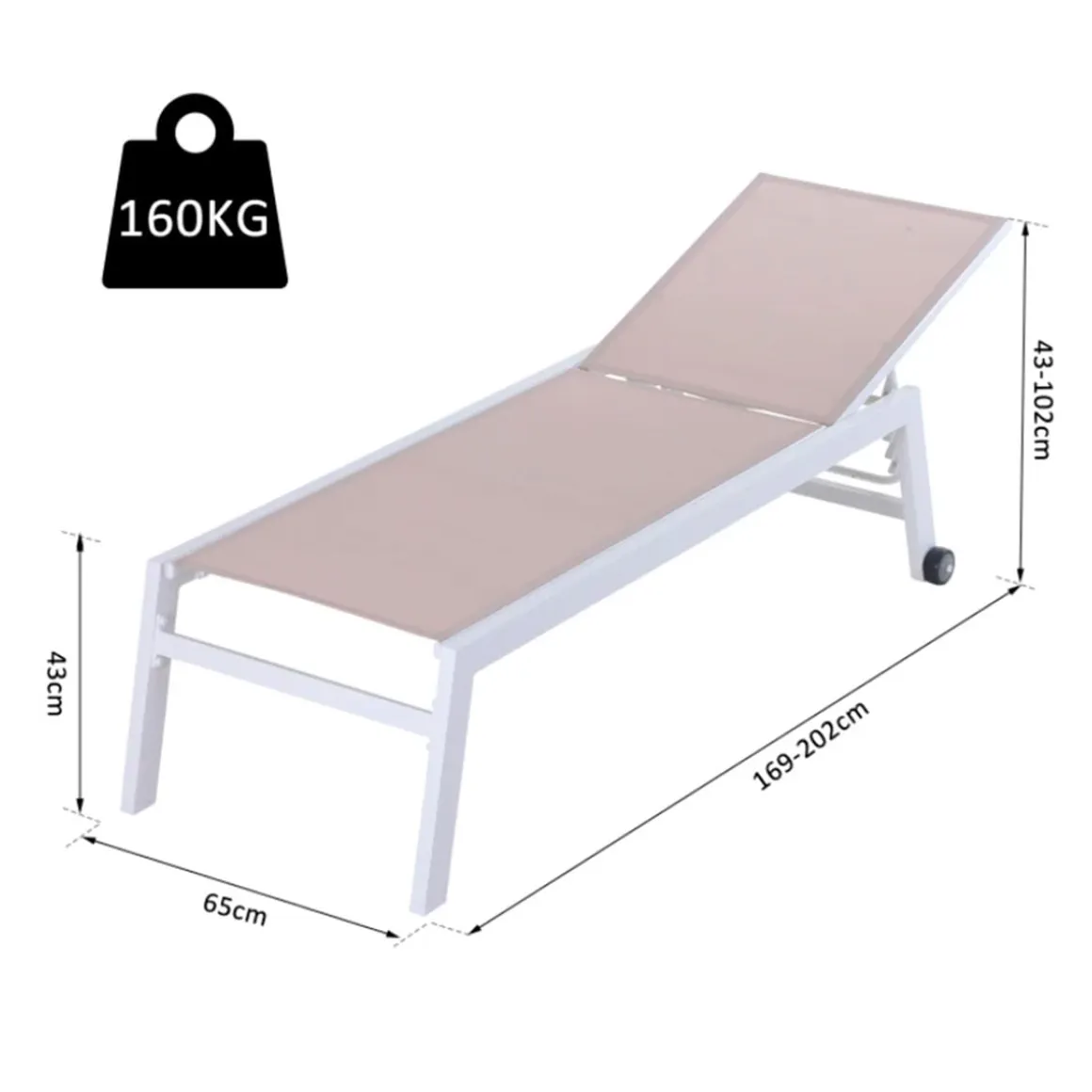 Tumbona de jardín Outsunny ajustable 5 posiciones 2 ruedas 43/102x65x202 cm