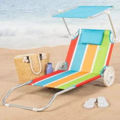 Tumbona de playa Aktive asa de transporte + ruedas + toldo multicolor 62x62x117 cm