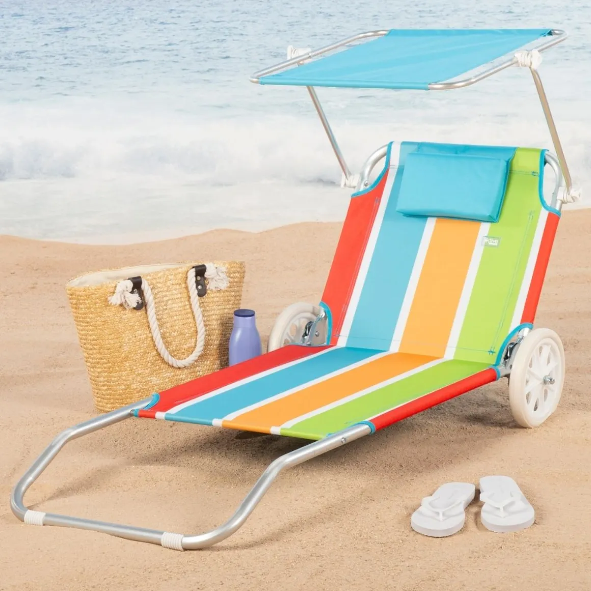 Tumbona de playa Aktive asa de transporte + ruedas + toldo multicolor 62x62x117 cm