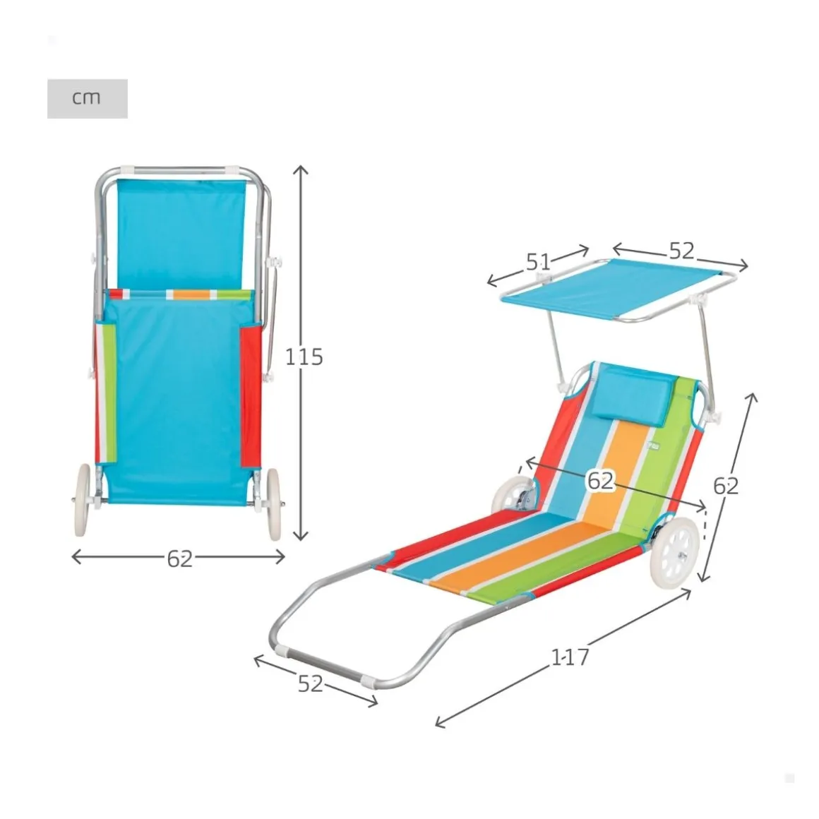 Tumbona de playa Aktive asa de transporte + ruedas + toldo multicolor 62x62x117 cm