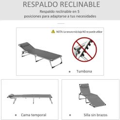 Tumbona Delta Outsunny reclinable 4 posiciones gris 76x165x60 cm