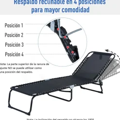 Tumbona Guadix Outsunny plegable respaldo ajustable negro 30x197x58 cm