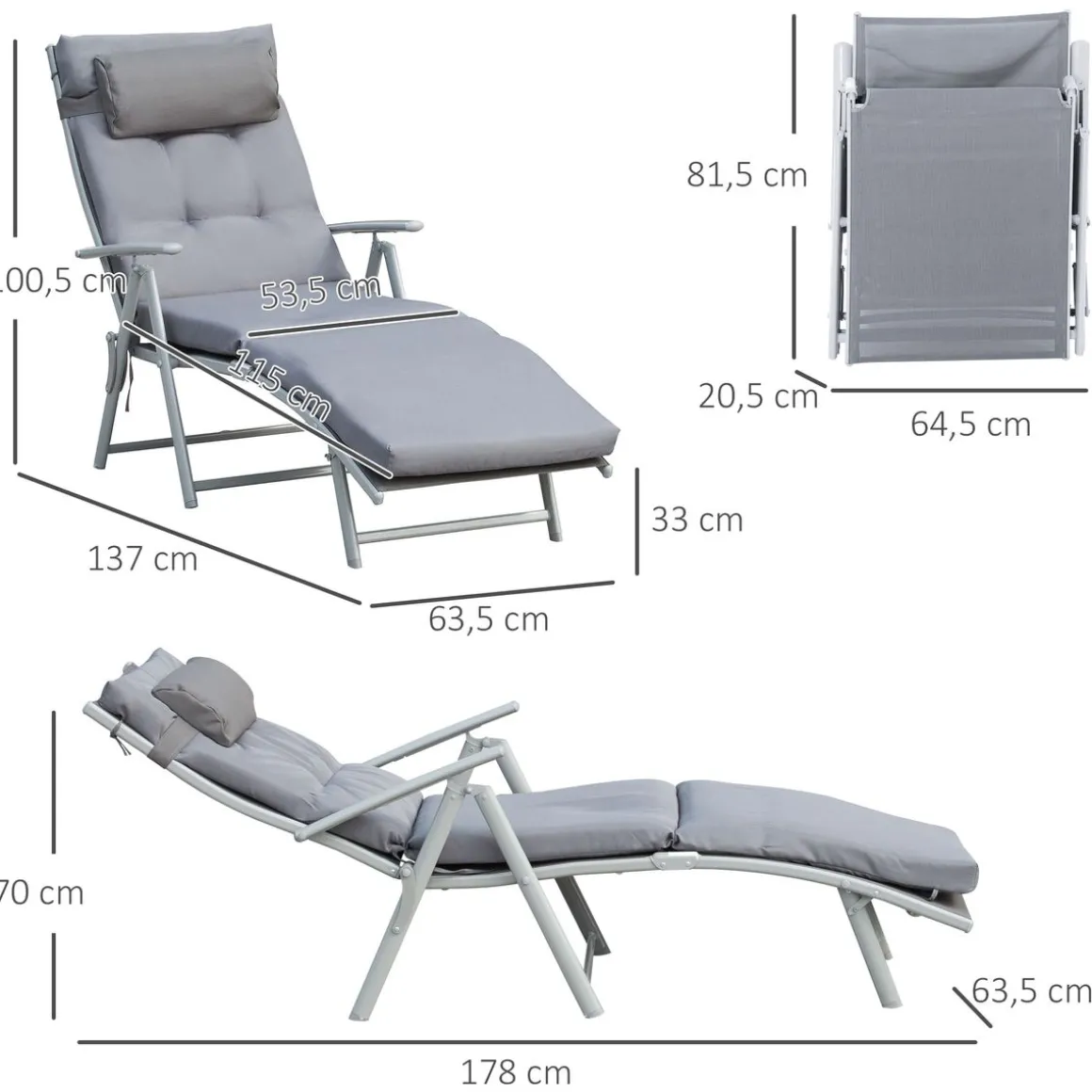 Tumbona Riffa Outsunny reclinable 7 posiciones gris 100,5x137x63,5 cm