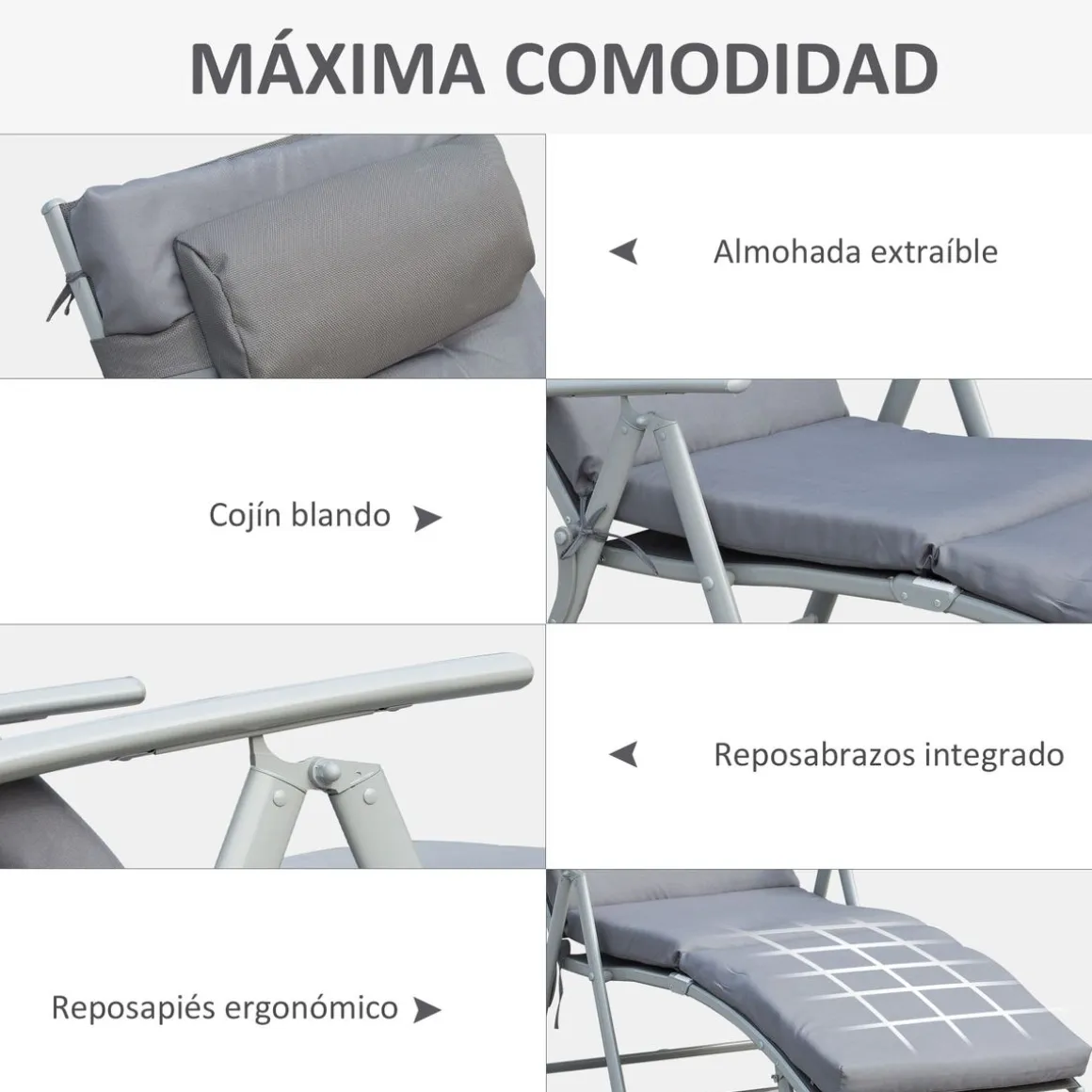 Tumbona Riffa Outsunny reclinable 7 posiciones gris 100,5x137x63,5 cm