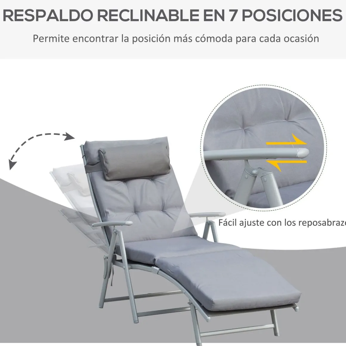 Tumbona Riffa Outsunny reclinable 7 posiciones gris 100,5x137x63,5 cm