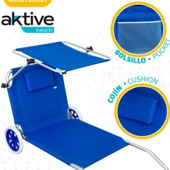Tumbona/carrito 2 en 1 Aktive Beach plegable con ruedas azul 62x62x117 cm