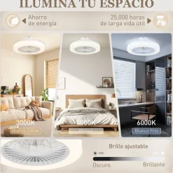Ventilador de techo Manhattan Homcom luz LED + 6 velocidades blanco Ø46 cm