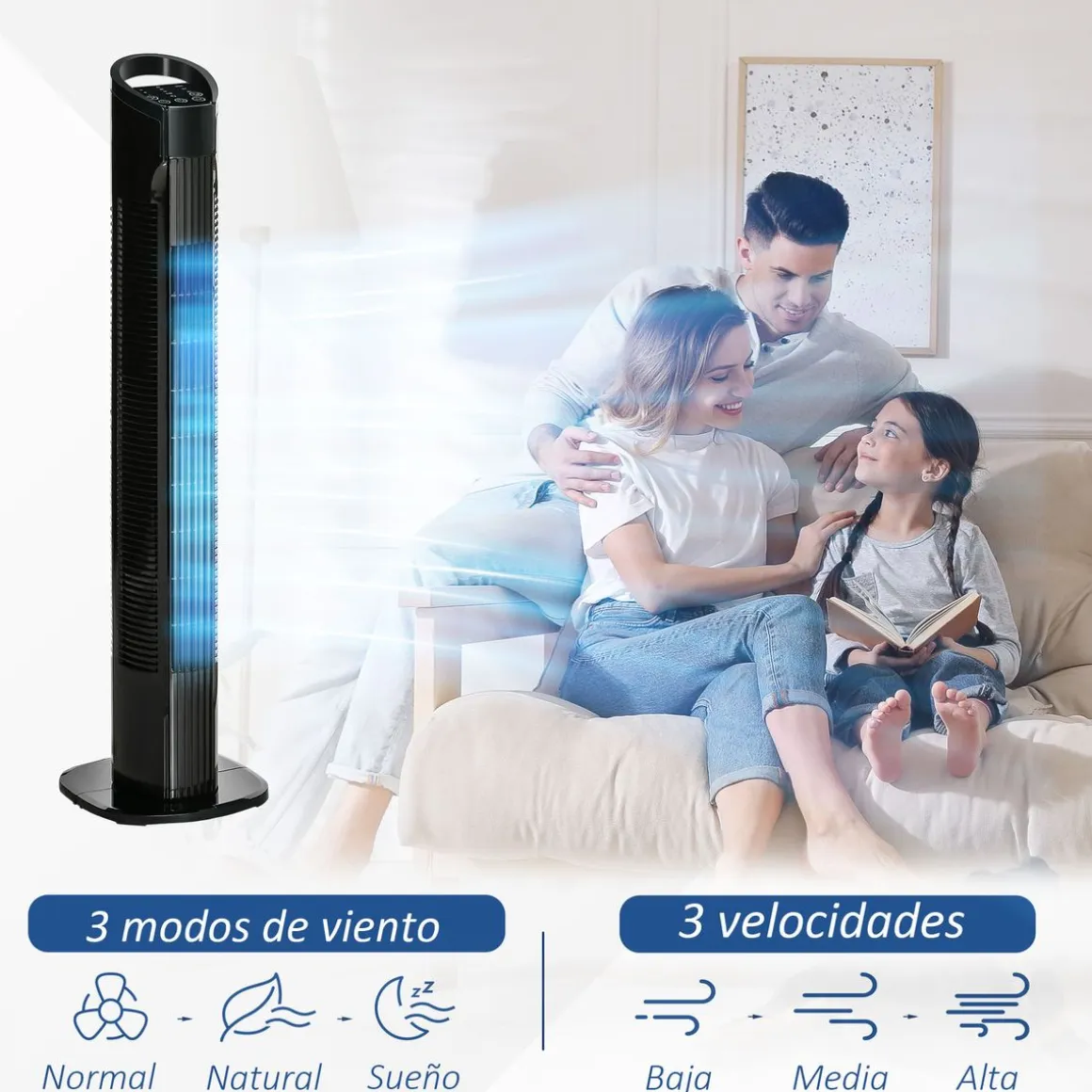 Ventilador de torre Borgoña Homcom 3 modos + 3 velocidades negro 78,5 cm
