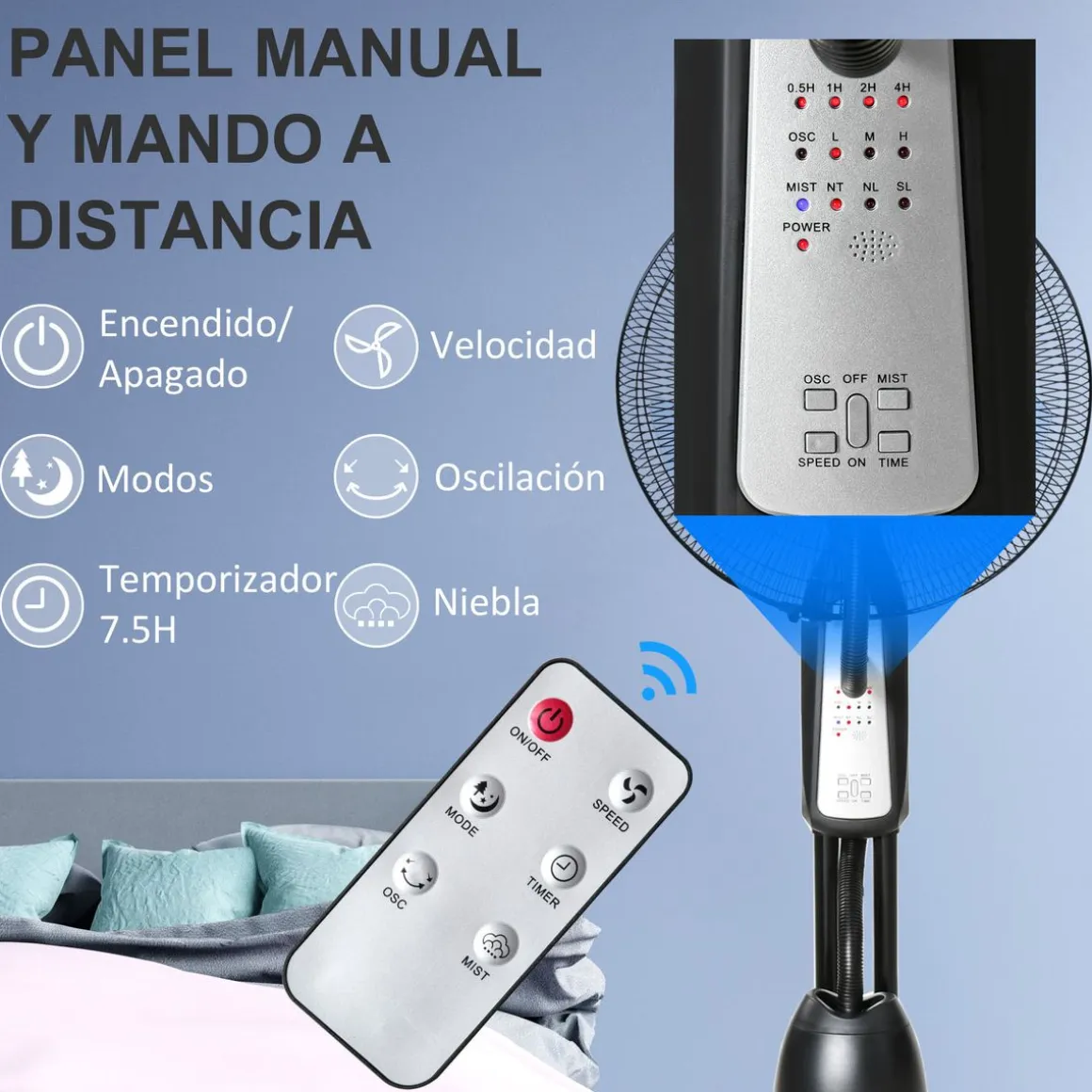 Ventilador nebulizador Wind Homcom 90W 3 modos 5 aspas negro 120 cm