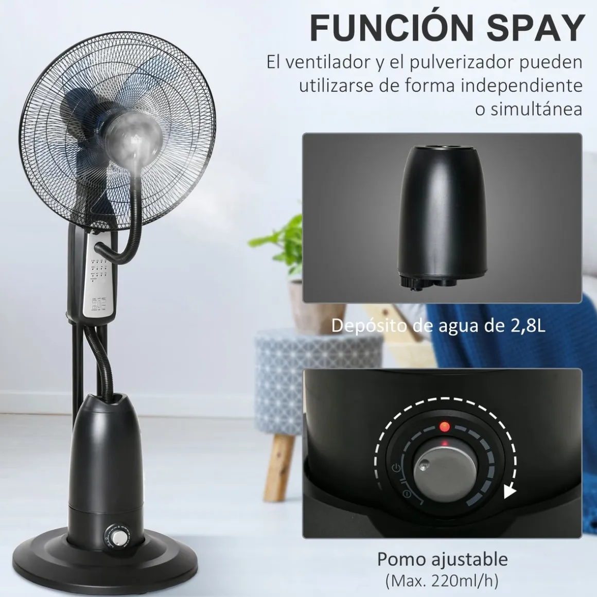 Ventilador nebulizador Wind Homcom 90W 3 modos 5 aspas negro 120 cm