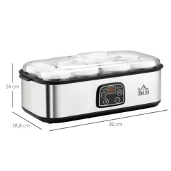 Yogurtera Homcom 1,44L 30W 8 tarros 180ml temporizador + termostato inox