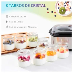 Yogurtera Homcom 1,44L 30W 8 tarros 180ml temporizador + termostato inox