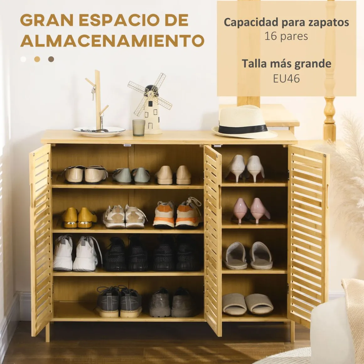 Zapatero Akira Homcom 3 puertas natural 80x100x35 cm