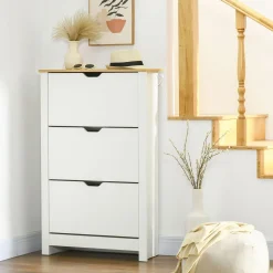 Zapatero Carmelo Homcom 3 cajones abatibles blanco/natural 112x72x26 cm