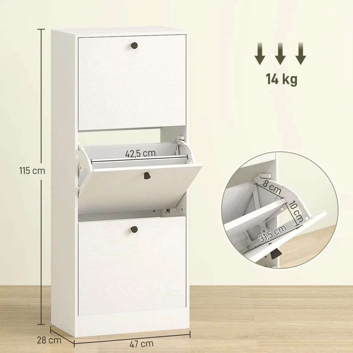 Zapatero Emue Homcom de 3 cajones blanco 115x47x28 cm